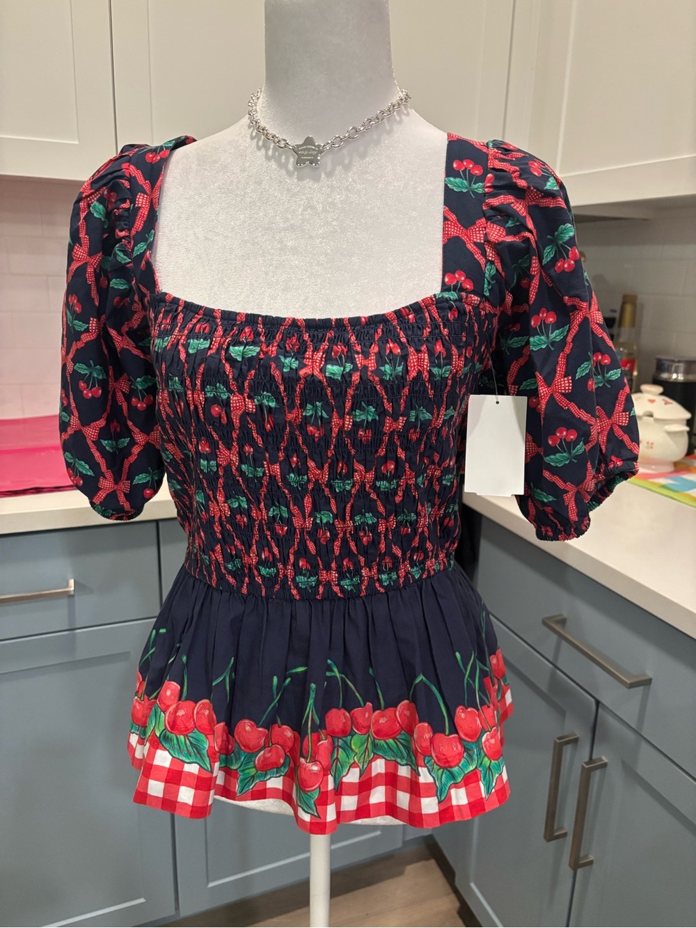 Damson Madder Navy Cherry Print Smocked Peplum Top
